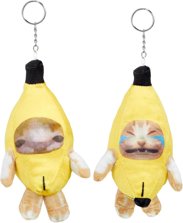 Shappy 2 Pieces Banana Cat Keychain, 6.5 x 3.9 Inch Soft Plush Keychain, Funny Crying Cat Gifts (Lovely)