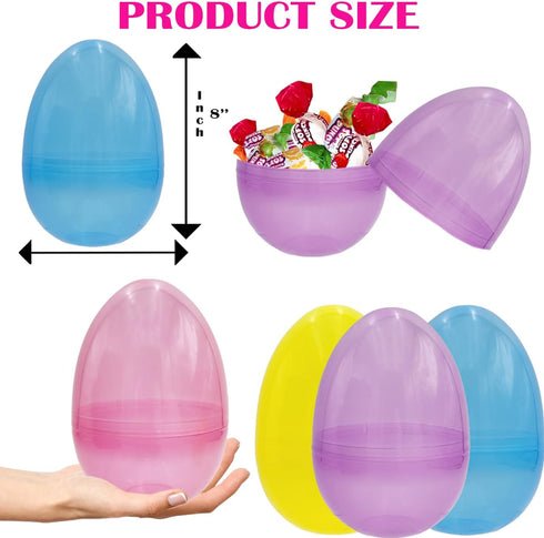 8 Inch 12 Pack 8" (12-Pack) Massive Translucent Easter Eggs Colorful Fillable Plastic Easter Eggs, Perfect For Easter