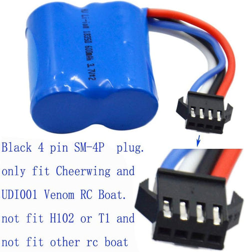 Blomiky 2 Pack 600mAh Li-ion Battery with SM-4P Plug for UDI008 UD08 UDI001 Venom Speed RC Boat