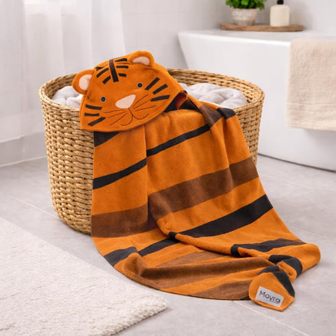 Moyra Collective Hooded Baby Blanket Knitted Cotton | Soft & Breathable Newborn & Infant Blanket | Tiger Design |