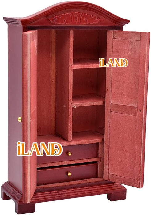iLAND Vintage Dollhouse Furniture Set, 1/12 Scale Mahogany Bedroom Furniture, 7pcs Including Bed & Mirror