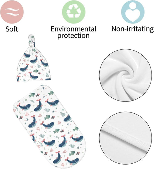 Sozzjile Set, Cute Whale Baby Stuff Swaddle Blanket with Beanie Fishes Ocean Newborn Blanket Swaddle Sack for Girls