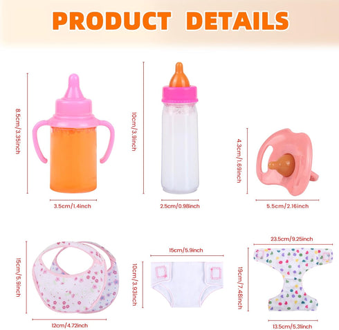 Set 7 Set CARANOVO Baby Doll Accessories Pcs Feeding and Caring with Magic Disappearing Bottles, Pacifier, Diapers