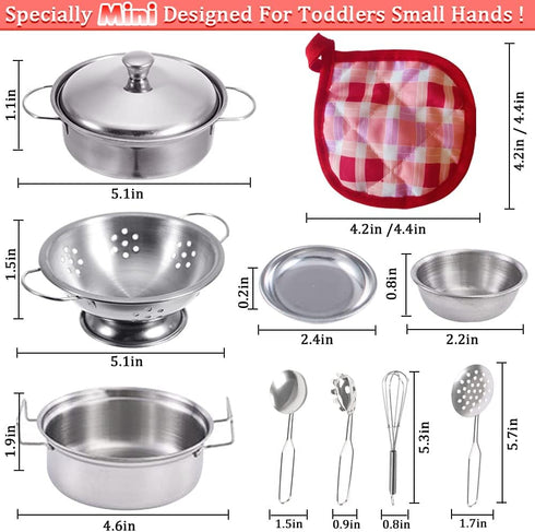 Kids Mini Cooking Toys Set - 11Pcs Pretend Play Kitchen Accessories with Stainless Steel Pots, Pans, and Utensils