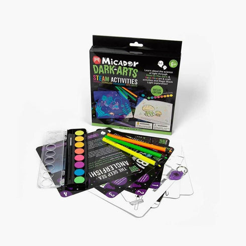 Micador Dark Arts Glow STEAM Activity Packs, Science of Light - Neon Color Pencils, Glow-in-The-Dark Paint