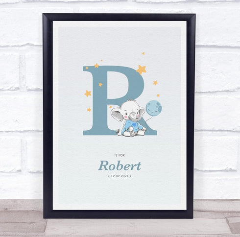 The Card Zoo New Baby Birth Details Christening Nursery Blue Elephant Initial R Gift Print