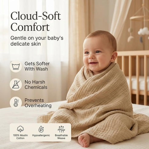 Pack 2 Cozy Set, 40x40 Inches Tummy Muslin Swaddle Blankets of Light Brown & Beige Neutral Baby Blankets, Muslin Baby