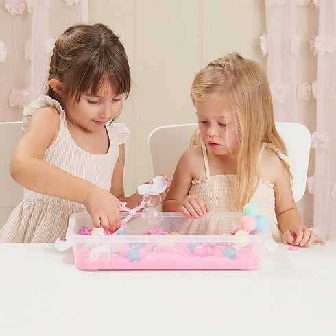 38 PCS Unicorn Sensory Sand Bin | Magic Sand for Toddlers with Scooper | Sparkly Pom-Poms for a Magical Fairytale Gift