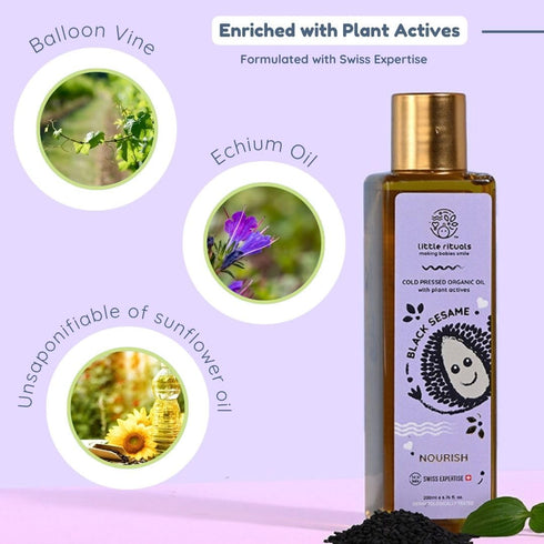 200 ml. Little Rituals BLACK SESAME - BABY MASSAGE OIL Certified Organic, Wood Cold-Pressed for Skin and Hair