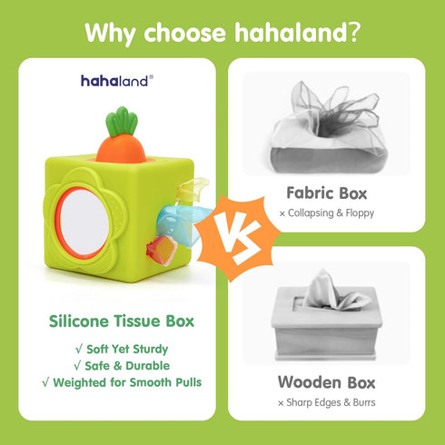 6-12 6 6-in-1 9 hahaland Silicone Baby Tissue Box Toy - Baby Toys Months Montessori Toys for Month Old Babies, Soft