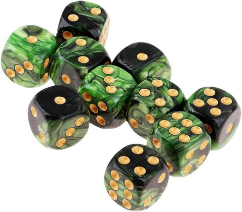 10PCS Polyhedral D6 Dice 16mm Acrylic Game Dice for RPG MTG DND Table Games (Green Black)