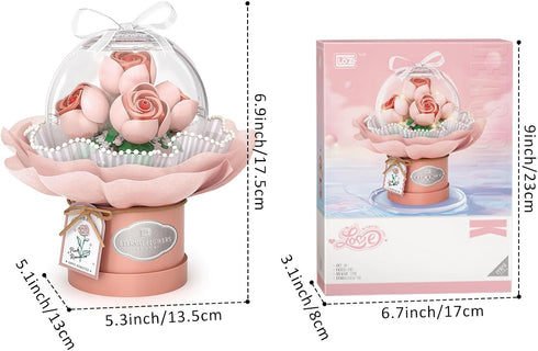 Flower Building Blocks Set with Dust-Proof Dome, Simulation Bouquet for Valentine's Day Home Decor