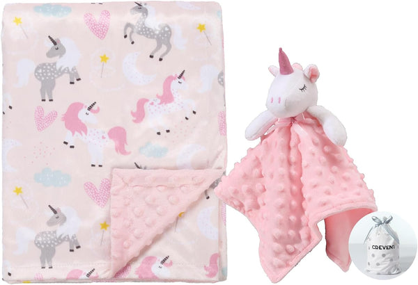 CREVENT Soft Cozy Baby Blankets Set, Unicorn, Boys Girls + Security Blanket, Newborn Essentials with Gift Bag