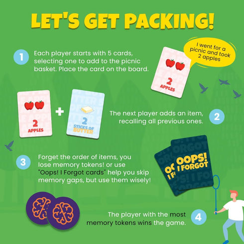 6 2-4 Card Game - I Went for a Picnic, Fun Memory Game for Kids Ages and Up, Cognitive & Concentration Building, Gifts