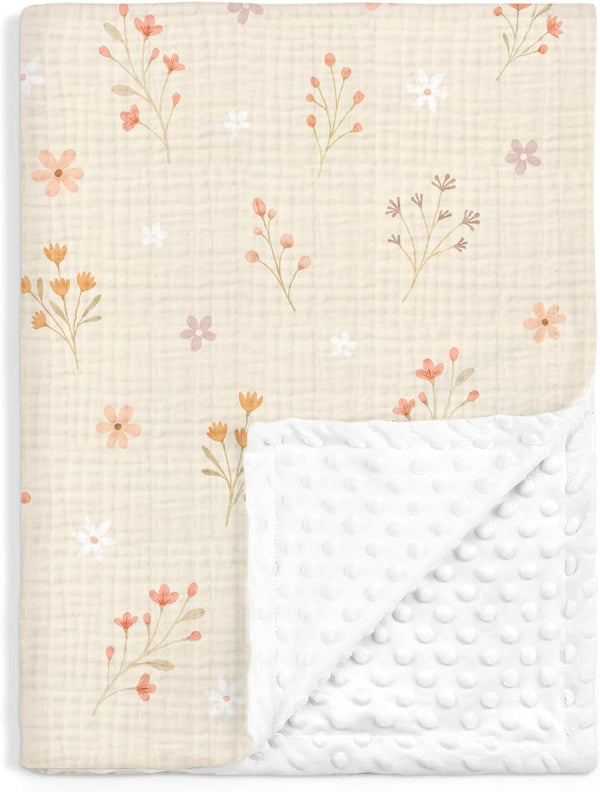 Floral Baby Blankets for Girls, Soft Nursery Minky Blankets with Muslin and