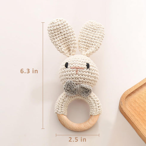 Wooden Baby Rattle, Handcrafted Crochet Bunny Rattles with Wooden Teething Ring, Organic Beige Rabbit Newborn Toy