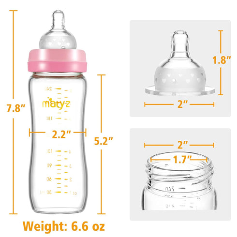 2 Pack, 8 oz Matyz Glass Breastmilk Baby Feeding Bottle with Nipple, Slim and Light Bottle Easy to Hold, Food Grade