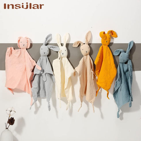 insular Bunny Lovey Blanket - Organic Cotton Muslin Security Blanket for Babies, 2 Pcs Set (Khaki & Pink)