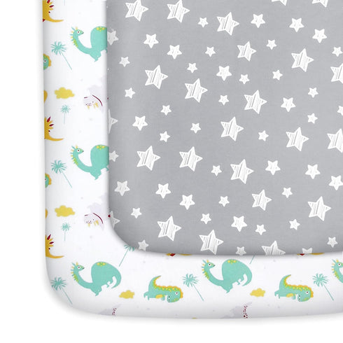 Pack and Play Sheets, 2 Pack Mini Crib Sheets, Stretchy Fitted Sheet for Graco Pack n Play, Dinosaur and Grey Star