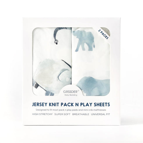 Pack n Play Sheets Fitted 2 Pack - Stretchy Ultra Soft Jersey Knit for Portable/Mini Crib Mattresses, Cute Elephant
