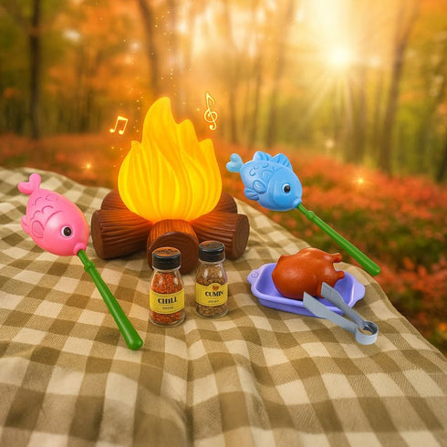 Set: 3,4,5,6 Educational Kids Camping Fake Campfire with Grill Sticks, Pretend Play Food, and Grill Kit - Perfect