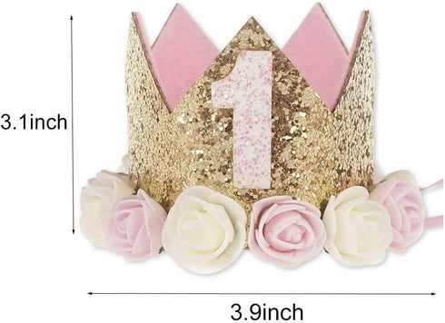 Birthday Crown Hat for Girls, Princess Sparkle Pink Flower Headband Party Decorations
