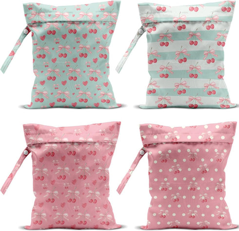 VBCVBGFH 4 Pack Cute Bow Cherry Wet Bag Waterproof Washable Reusable Wet Dry