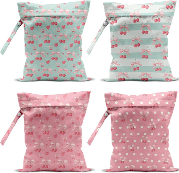 VBCVBGFH 4 Pack Cute Bow Cherry Wet Bag Waterproof Washable Reusable Wet Dry