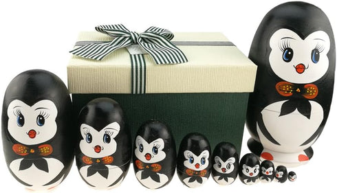 Apol Lovely Penguin with Bowtie Handmade Wooden Russian Nesting Dolls Set, 10 Pieces in a Box
