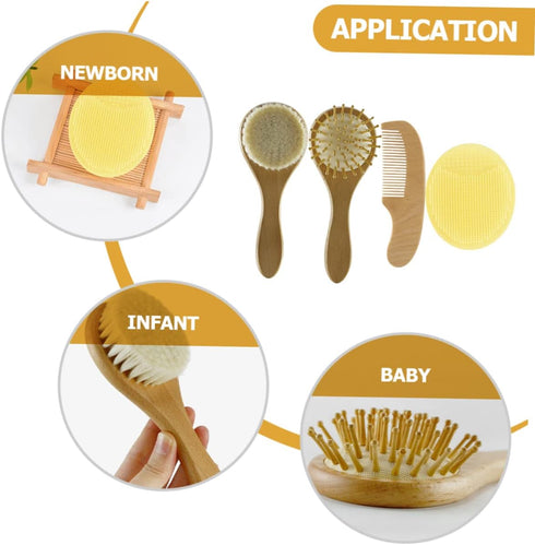 Set HANABASS Newborn Baby Hair Brush Wool Brush Wooden Comb Silicone Scrubber for Gentle Grooming