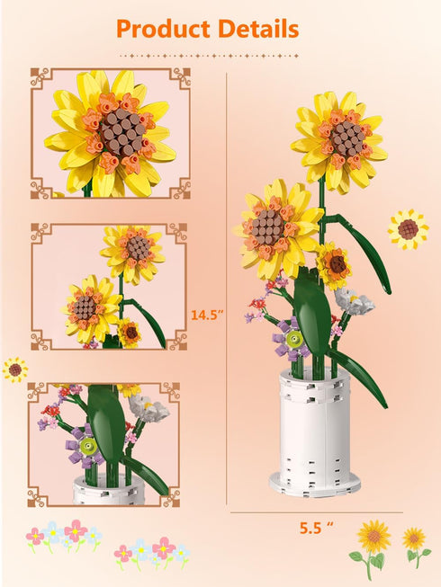 AMSHINE Set, Sunflower Bouquet Building Block Flower with Vase Building Toys, Home Garden Office Decorations and Party