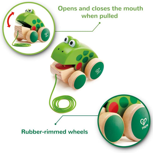 Frog Pull-Along by Hape | Wooden Frog Fly Eating Pull Toddler Toy, 4.6 x 3.3 x 3.8 inches, Green