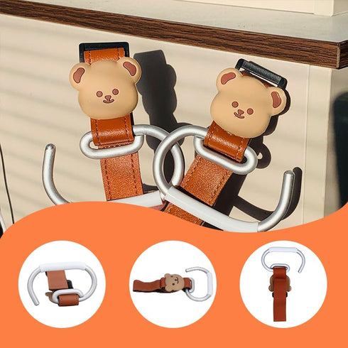 Vantico 2 Pack Cute Stroller Hooks for Hanging Diaper Bags, Universal Leather Stroller Clips with Bear Design, Non-Slip