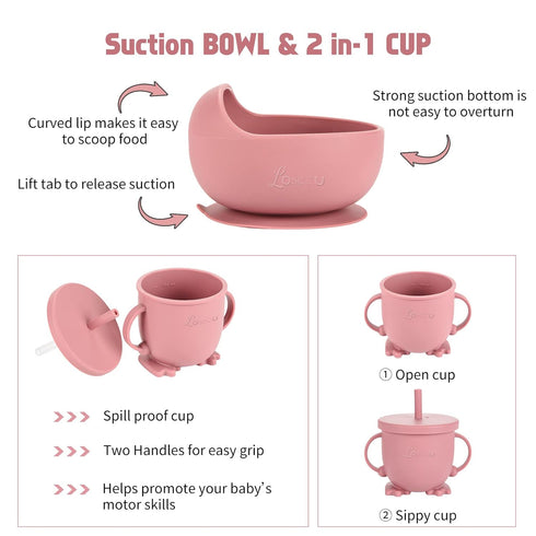 Losecu Set|Baby Set Silicone Feeding Led Weaning Supplies|Suction Plate Bowl with Bib, Spoon, Fork, Sippy Cup|Feeding