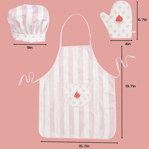 Kid Apron and Chef Hat Set, 3 Pcs Children Cooking Baking Set Kits Role Play Chef Toy Kid Cooking Gift for Girls Boys (Pink)
