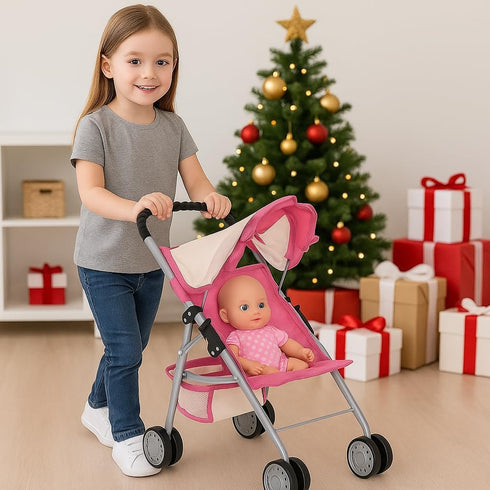 18" 2 fash n kolor My First Doll Stroller with Basket - Pink Off-White Foldable Doll Stroller - Fits Upto Dolls, Free
