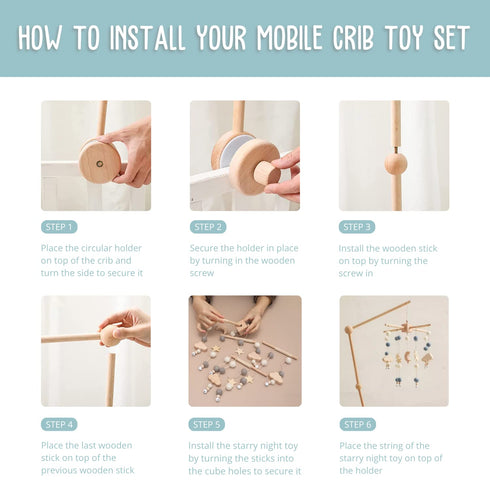 2 1 Set BlueMello Starry Night Baby Mobile Toy and Mobile Arm Holder in for Crib | Wooden Beads and Stars Bed Hanger