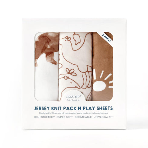 GRSSDER Fitted Pack N Play Sheets, 3 Pack, Stretchy Ultra Soft Jersey Knit Portable/Mini Crib Sheets for Boys and Girls