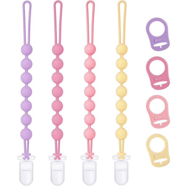 4-Pack Silicone Pacifier Clip with Adapter Ring Fits MAM Dummy, Soft Flexible