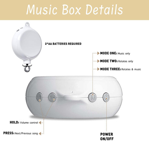 Box,32.5 Inch (2 Modes,360Adjustable,100% Crib Mobile Arm with Music White Crib Mobile Stand,Wooden Mobile Arm for Crib