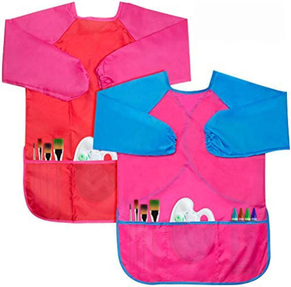 Kids Art Smocks 2 Pack, Long Sleeve Painting Smock with 3 Pockets for Ages 3-8