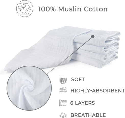 Dodo Babies Baby Muslin Burp Cloths 5-Pack, 2 Pacifier Clips + Pacifier Case, Cotton Large 20" by 10" Hand Washcloths,