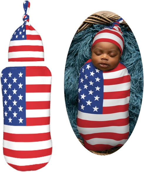 Sets American Flag Newborn Swaddle Blankets Hat Soft Baby Receiving Blanket Swaddle Sack for Baby Shower Infant Boy