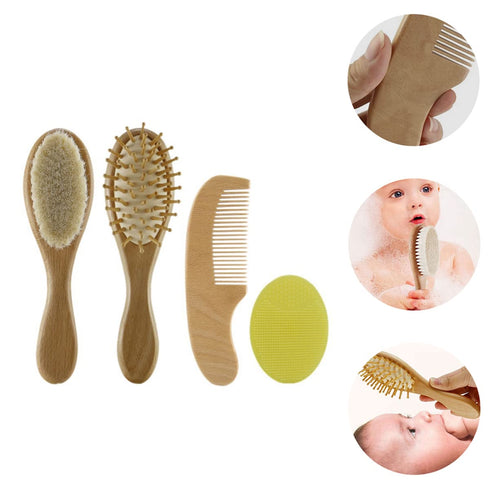 Set 4-piece Infant Scalp Brush Wooden Baby Hair Brush Comb for Newborns Boys and Girls and Comb