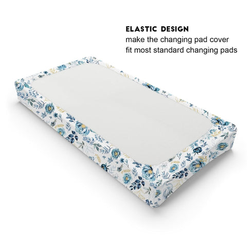 Watercolor Crane Blue Flowers Changing Pad Covers, Birds Boho Retro Floral, Soft Breathable Stretch Baby Mats 32''x16''