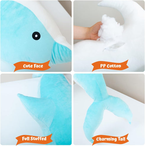 Dolphin Stuffed Animal Plush Pillow - Giant Soft Whale Hugging Pillow, Blue, 70cm