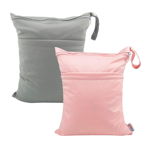 ALVABABY 2pcs Cloth Diaper Wet Dry Bags, Waterproof Reusable with Two Zippered Pockets for Travel, Beach, Pool, Daycare
