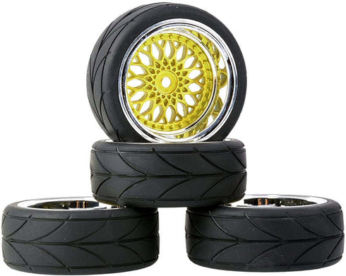4PCS/Set 64mm Rubber Tires & Plating Plastic Wheels Rims for 1/10 RC On-Road Touring Car Racing (Gold, Offset 9mm)