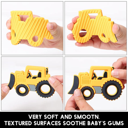 Baby Food Grade Silicone Car Teether Toy with Pacifier Clip Holder, Yellow Bulldozer, BPA Free, 3 Months+
