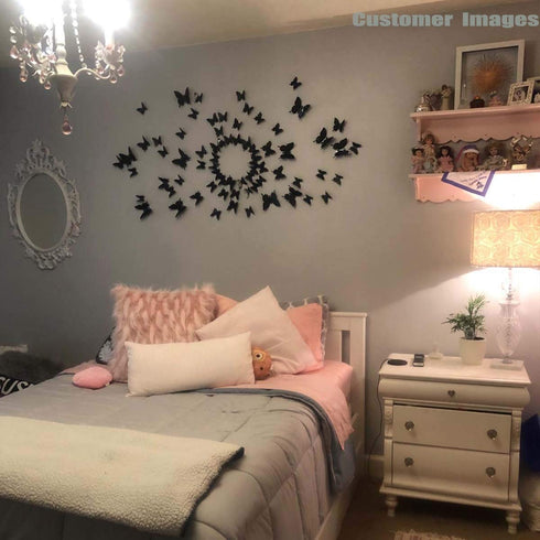 24pcs 3D Butterfly Removable Mural Stickers - Halloween Wall Stickers Decal for Home and Room Decoration (Black-24pcs)